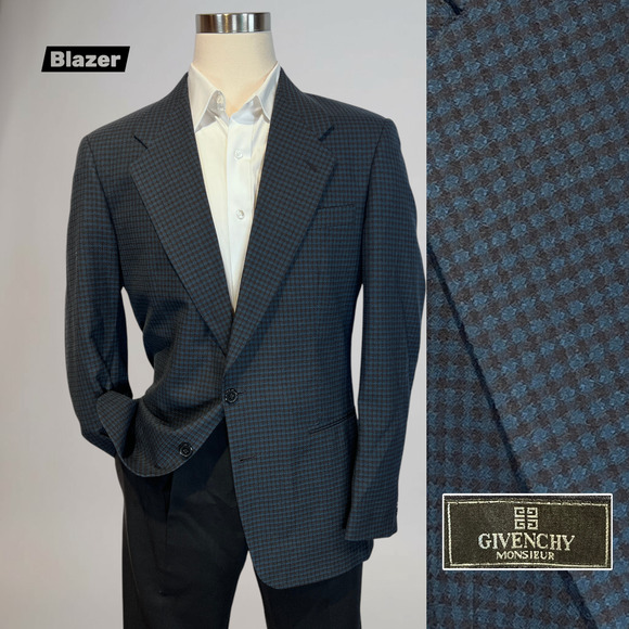 Givenchy Other - Vtg Givenchy 42L Starlight Blue Cigar Brown Check Plaid Designer Blazer